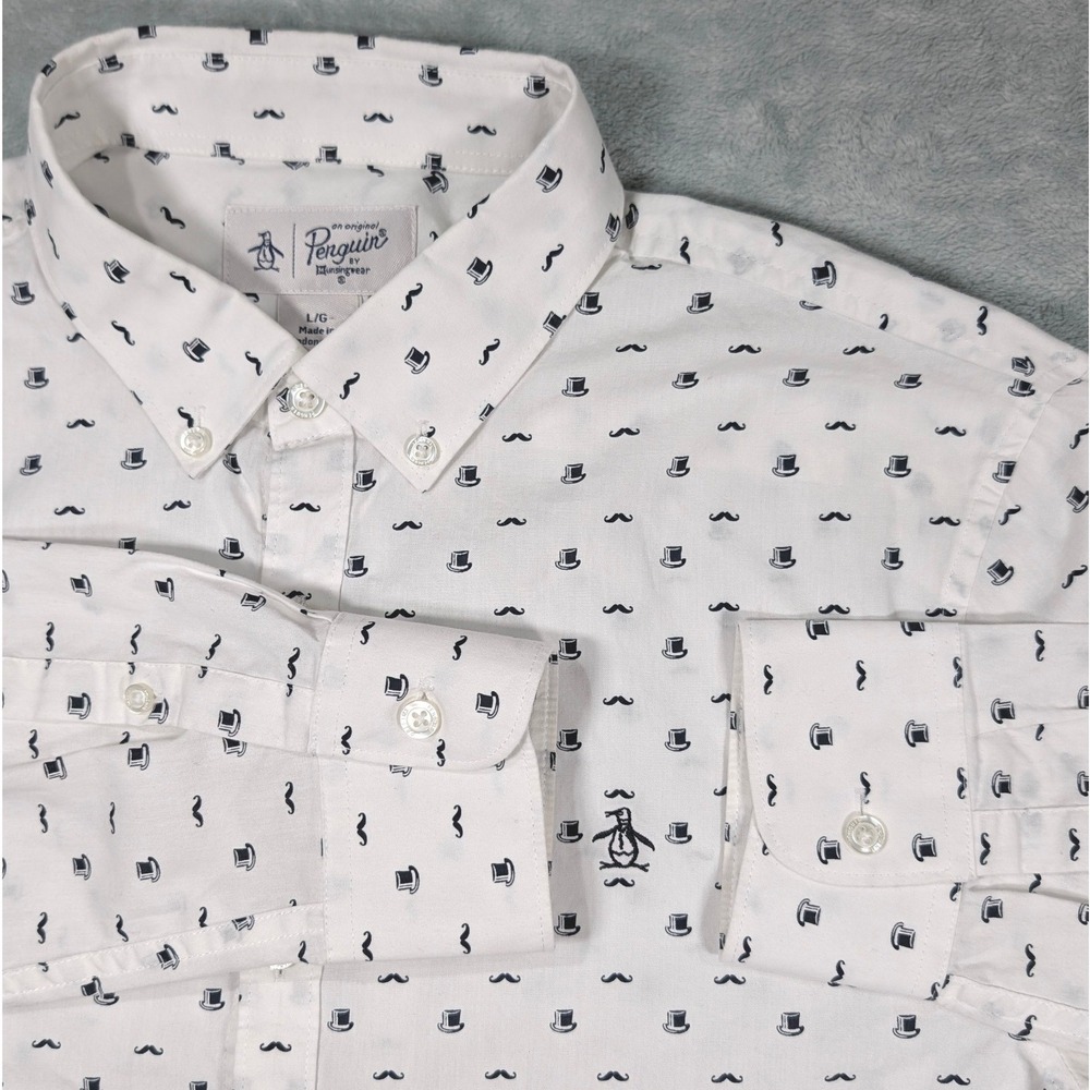 Original Penguin Mens White‎ Mustache Top Hat Print Button Down Cotton Shirt L